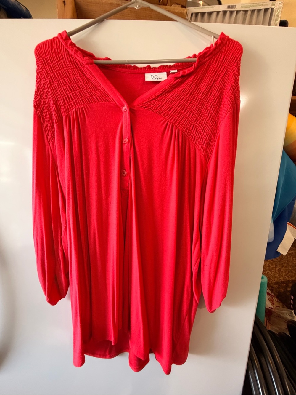 Kim Rogers Bright Red Smocked Yoke Button-Front Tunic